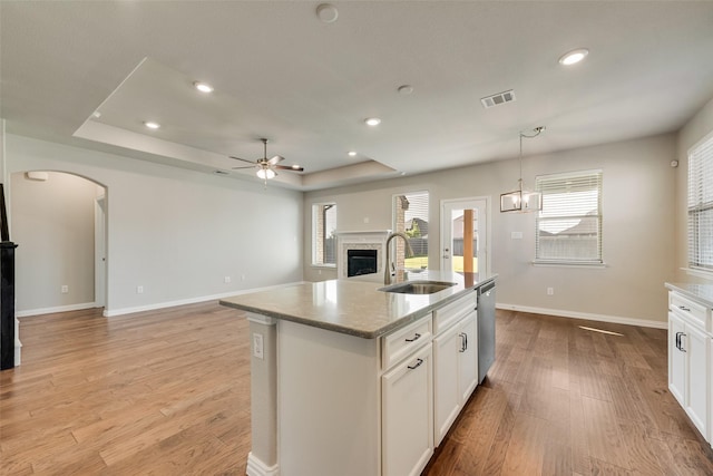 6314 Catalpa Dr, Venus, TX 76084 - kitchen with a sink, a tray ceiling, a fireplace, a ceiling fan, and light wood-style flooring