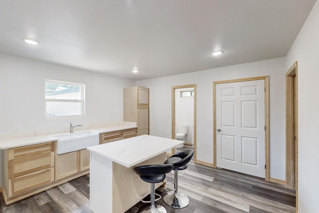 6725 Lovett Ave, Dallas, TX 75227 - kitchen with light brown cabinetry, a sink, wood finished floors, and recessed lighting
