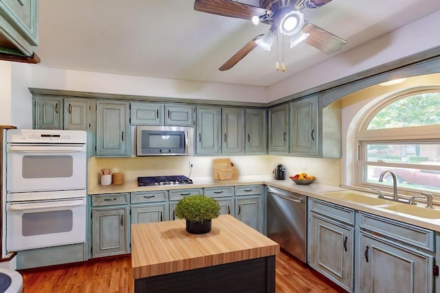 1308 Warwick St, Garland, TX 75040 - kitchen featuring stainless steel appliances, a sink, wood counters, ceiling fan, and light wood-style floors