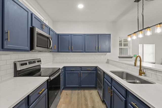 4706 Spring Ave, Dallas, TX 75210 - kitchen featuring appliances with stainless steel finishes, blue cabinets, light wood-type flooring, backsplash, and recessed lighting