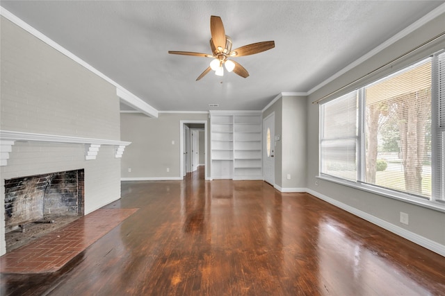 6423 Fisher Rd, Dallas, TX 75214 - unfurnished living room featuring ceiling fan, built in features, baseboards, ornamental molding, and a fireplace