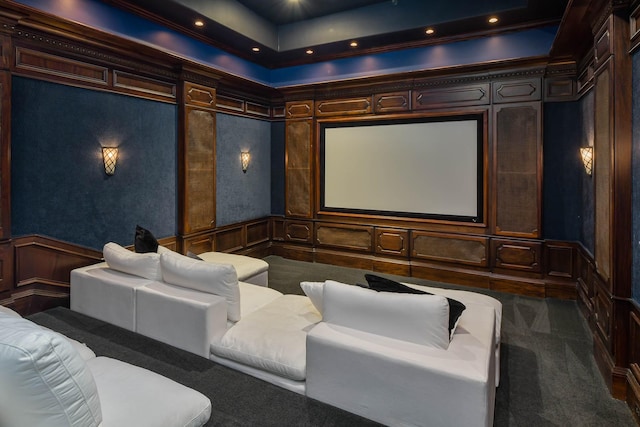 9996 Hollow Way Rd, Dallas, TX 75220 - home theater featuring a decorative wall, dark carpet, recessed lighting, and wainscoting