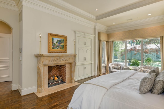 9996 Hollow Way Rd, Dallas, TX 75220 - bedroom with dark wood-style flooring, a high end fireplace, arched walkways, baseboards, and crown molding