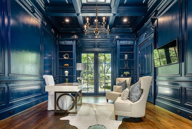 9996 Hollow Way Rd, Dallas, TX 75220 - home office with french doors, ornamental molding, a chandelier, dark wood finished floors, and coffered ceiling