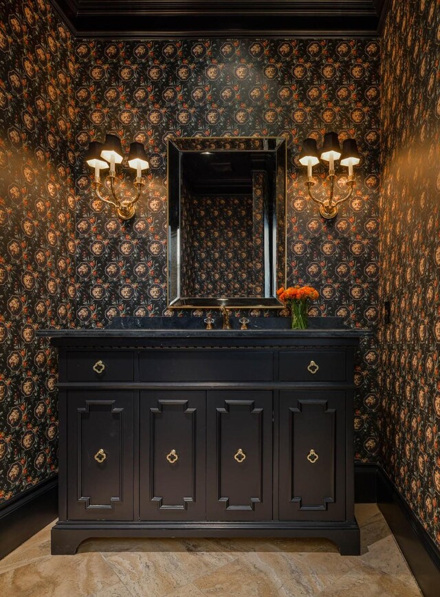 9996 Hollow Way Rd, Dallas, TX 75220 - bathroom with wallpapered walls, vanity, baseboards, and a chandelier
