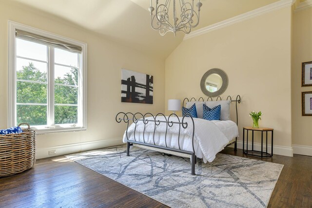 9996 Hollow Way Rd, Dallas, TX 75220 - bedroom featuring a chandelier, crown molding, wood finished floors, baseboards, and vaulted ceiling