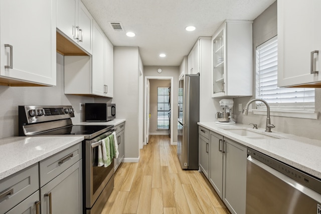 226 E Ridgegate Dr, Garland, TX 75040 - kitchen with stainless steel appliances, a sink, gray cabinets, light wood finished floors, and glass insert cabinets