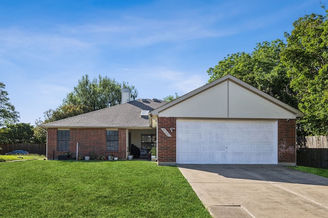 226 E Ridgegate Dr, Garland, TX 75040 - ranch-style house featuring brick siding, concrete driveway, an attached garage, and a chimney