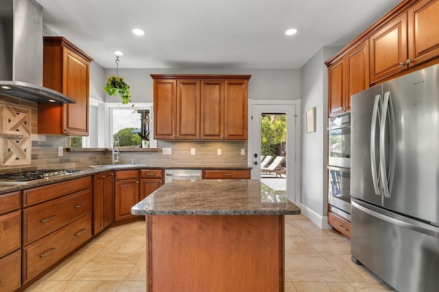 6821 Rochelle Dr, Plano, TX 75023 - kitchen with appliances with stainless steel finishes, wall chimney exhaust hood, a sink, decorative backsplash, and recessed lighting