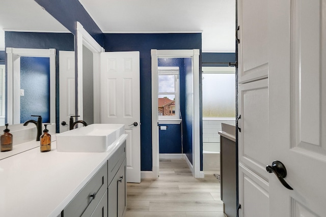 6821 Rochelle Dr, Plano, TX 75023 - bathroom featuring wood finished floors, vanity, baseboards, and a bathtub