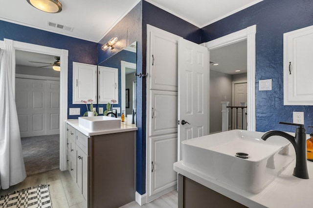 6821 Rochelle Dr, Plano, TX 75023 - bathroom with wood finished floors, a ceiling fan, vanity, and ornamental molding
