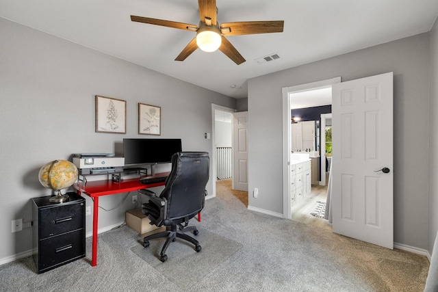6821 Rochelle Dr, Plano, TX 75023 - home office featuring carpet, ceiling fan, and baseboards