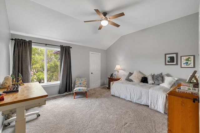 6821 Rochelle Dr, Plano, TX 75023 - bedroom featuring lofted ceiling, carpet, baseboards, and ceiling fan