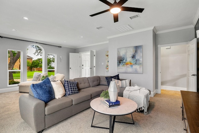 6821 Rochelle Dr, Plano, TX 75023 - living area featuring a ceiling fan, light colored carpet, baseboards, recessed lighting, and crown molding