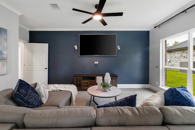 6821 Rochelle Dr, Plano, TX 75023 - living room featuring ornamental molding, a ceiling fan, carpet floors, and baseboards