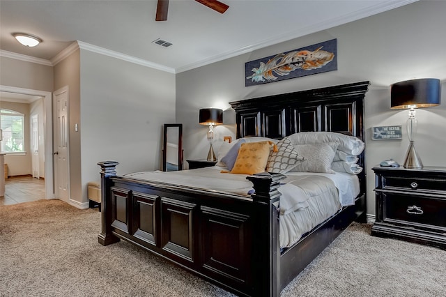 6712 E Park Dr, Fort Worth, TX 76132 - bedroom featuring light carpet, crown molding, baseboards, and ceiling fan