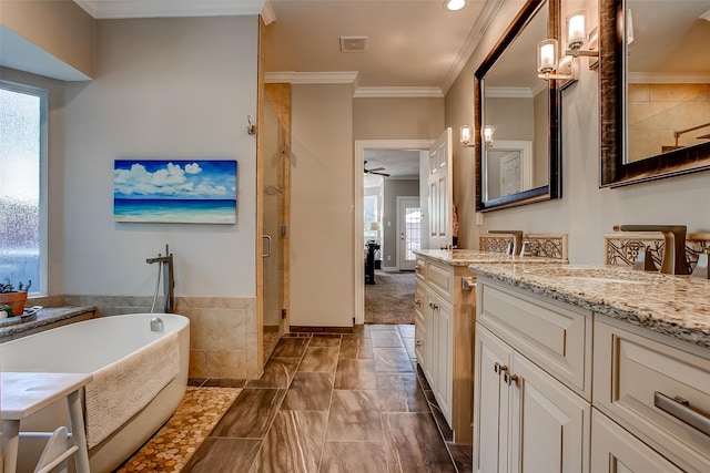 6712 E Park Dr, Fort Worth, TX 76132 - full bath with a shower stall, a freestanding bath, vanity, crown molding, and a ceiling fan