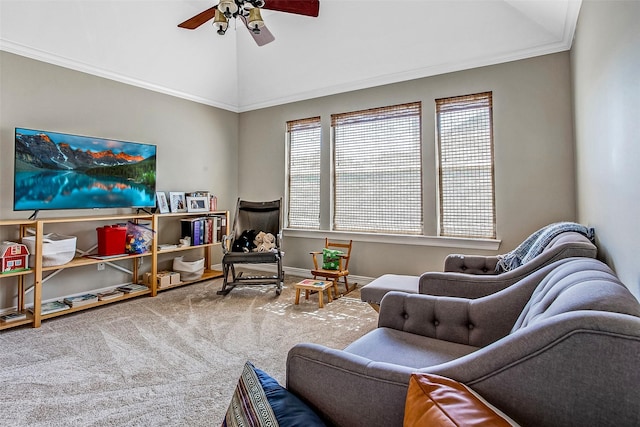 6712 E Park Dr, Fort Worth, TX 76132 - carpeted living area featuring vaulted ceiling, ceiling fan, and ornamental molding