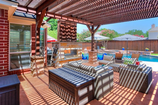 6712 E Park Dr, Fort Worth, TX 76132 - fenced backyard featuring an in-ground hot tub, a pergola, a patio area, and exterior kitchen