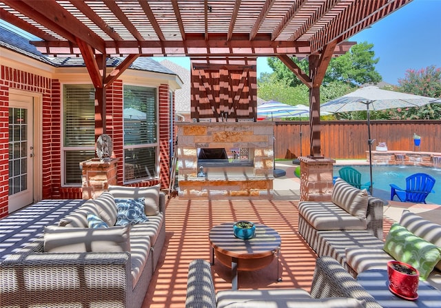 6712 E Park Dr, Fort Worth, TX 76132 - view of patio with an outdoor living space with a fireplace and a pergola