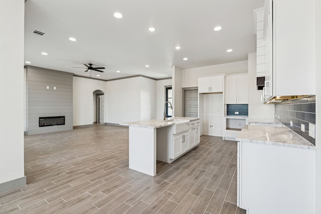 106 Maverick Way, Boyd, TX 76023 - kitchen with a sink, arched walkways, white cabinets, a ceiling fan, and recessed lighting