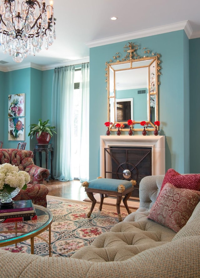 3505 Turtle Creek Blvd Unit 3G, Dallas, TX 75219 - living area with ornamental molding, a chandelier, wood finished floors, and recessed lighting