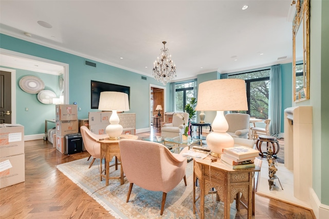 3505 Turtle Creek Blvd Unit 3G, Dallas, TX 75219 - living area with a chandelier, crown molding, baseboards, and recessed lighting
