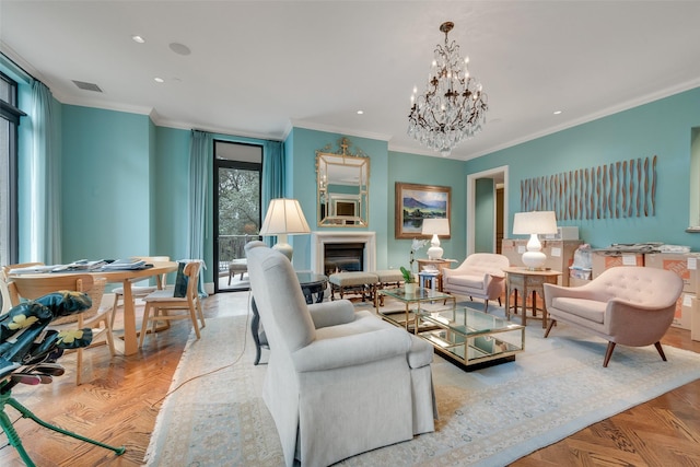 3505 Turtle Creek Blvd Unit 3G, Dallas, TX 75219 - living area featuring ornamental molding, a fireplace, a chandelier, and recessed lighting
