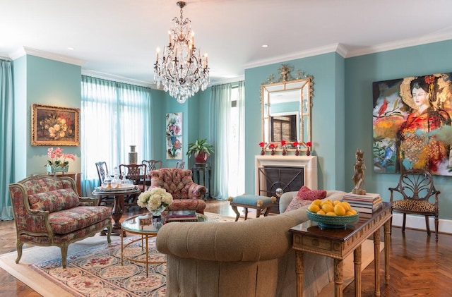 3505 Turtle Creek Blvd Unit 3G, Dallas, TX 75219 - living area with a chandelier, crown molding, and baseboards