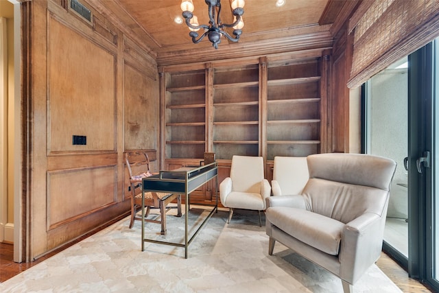 3505 Turtle Creek Blvd Unit 3G, Dallas, TX 75219 - office area with wood walls, built in features, crown molding, a chandelier, and wood ceiling