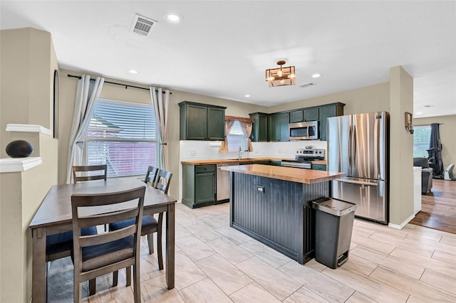 4318 Quail Run Rd, Sherman, TX 75092 - kitchen with appliances with stainless steel finishes, butcher block counters, a center island, recessed lighting, and a sink
