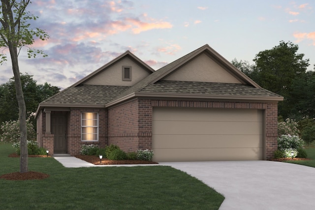 730 Hidden Feather, Lavon, TX 75166 - view of front of house featuring brick siding, driveway, a garage, a yard, and roof with shingles