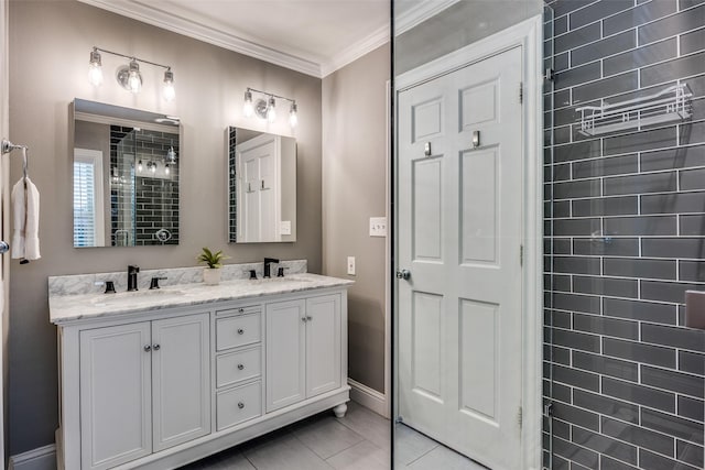 6819 Santa Fe Ave, Dallas, TX 75223 - full bathroom with double vanity, ornamental molding, baseboards, tile patterned floors, and tiled shower
