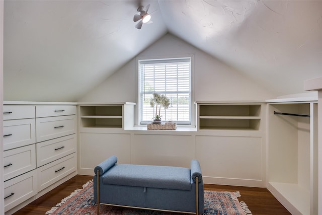 6819 Santa Fe Ave, Dallas, TX 75223 - sitting room featuring vaulted ceiling, dark wood-style floors, and a ceiling fan