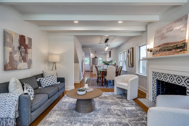 6819 Santa Fe Ave, Dallas, TX 75223 - living room with wood finished floors, beam ceiling, baseboards, a fireplace, and recessed lighting