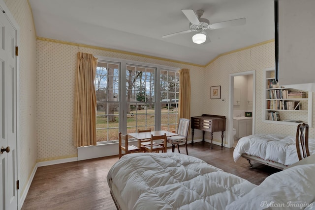 514 Pierremont Cir, Shreveport, LA 71106 - bedroom with wallpapered walls, crown molding, wood finished floors, lofted ceiling, and connected bathroom