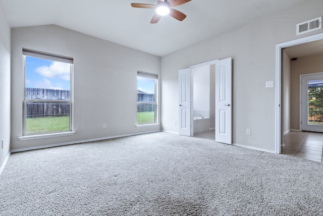 608 W Grove Cir, Anna, TX 75409 - unfurnished bedroom with carpet, baseboards, lofted ceiling, ensuite bathroom, and a ceiling fan