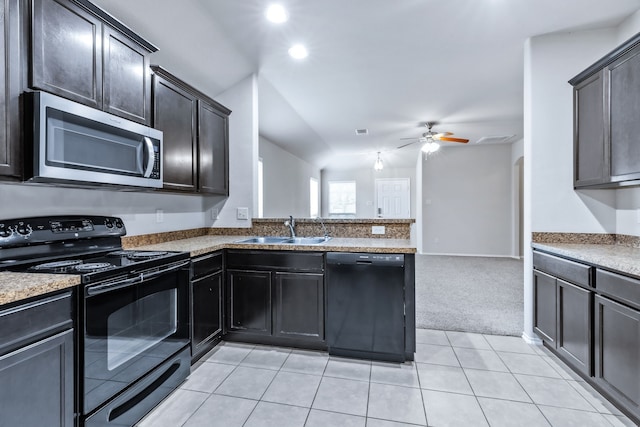 608 W Grove Cir, Anna, TX 75409 - kitchen featuring black appliances, a sink, ceiling fan, light tile patterned floors, and light colored carpet