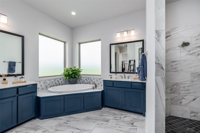 1230 Driftwood Ln, Lucas, TX 75002 - full bath featuring marble finish floors, two vanities, a bath, a tile shower, and recessed lighting