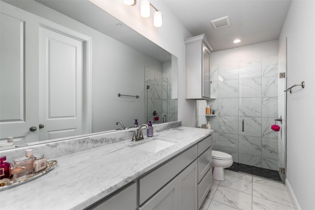 1230 Driftwood Ln, Lucas, TX 75002 - bathroom with marble look tiles, a marble finish shower, vanity, toilet, and recessed lighting