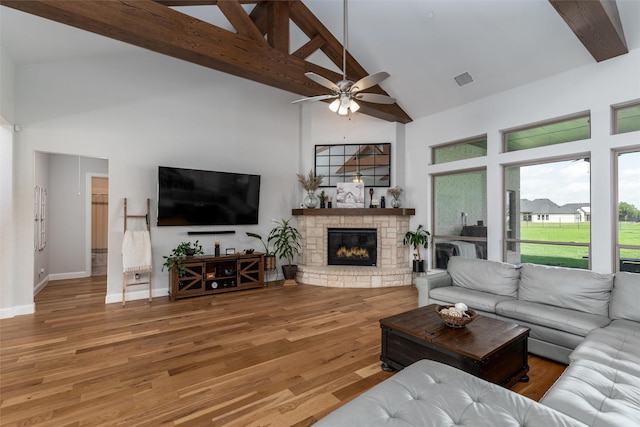 1230 Driftwood Ln, Lucas, TX 75002 - living room with high vaulted ceiling, ceiling fan, beamed ceiling, a fireplace, and wood finished floors