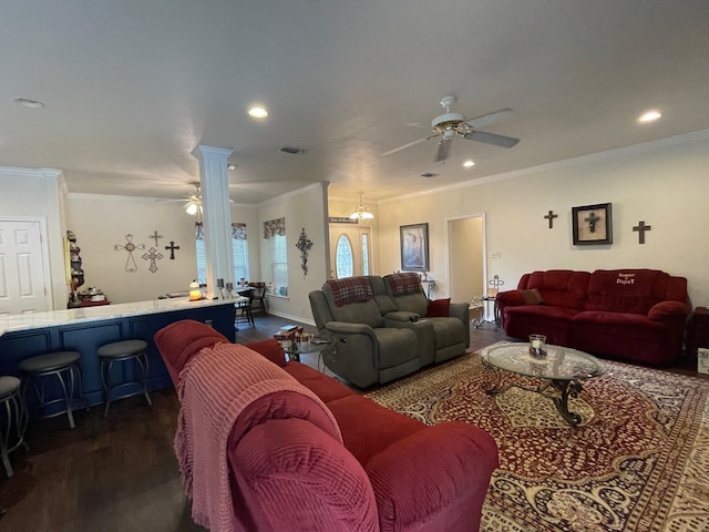 102 Dogwood Cir, Daingerfield, TX 75638 - living room featuring a ceiling fan, dark wood-type flooring, ornamental molding, recessed lighting, and decorative columns