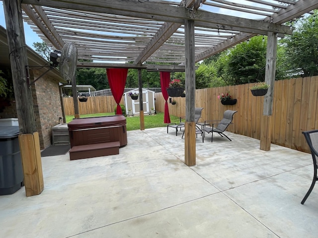 102 Dogwood Cir, Daingerfield, TX 75638 - fenced backyard with a hot tub, a patio area, and a pergola