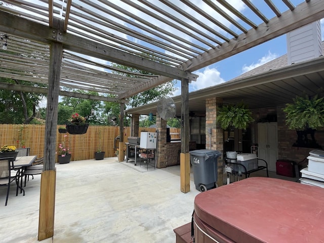102 Dogwood Cir, Daingerfield, TX 75638 - fenced backyard featuring outdoor dining area, a hot tub, a pergola, and a patio area