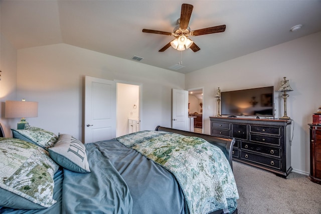 525 Brandy Ln, Tom Bean, TX 75489 - bedroom featuring carpet, ceiling fan, vaulted ceiling, baseboards, and ensuite bath