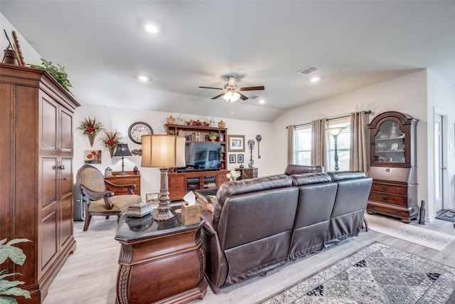 525 Brandy Ln, Tom Bean, TX 75489 - living room featuring a ceiling fan, light wood-style flooring, recessed lighting, and vaulted ceiling