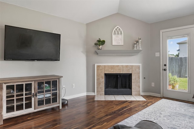 1433 Wind Dancer Trl, Fort Worth, TX 76131 - living area with wood finished floors, baseboards, vaulted ceiling, and a tiled fireplace