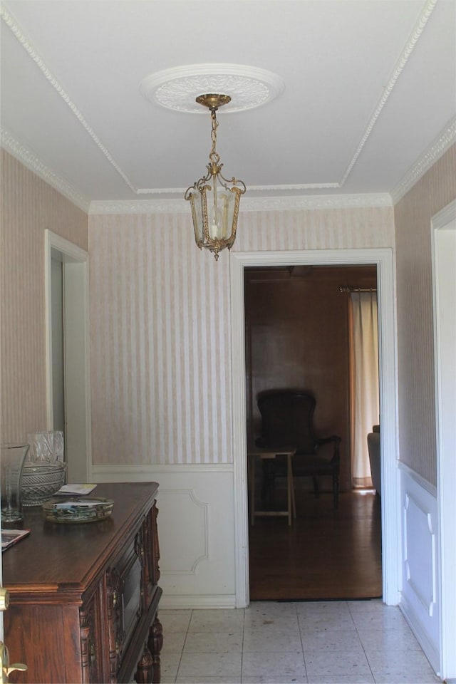 914 Stillmeadow Rd, Dallas, TX 75232 - hall featuring wallpapered walls, wainscoting, light tile patterned floors, and ornamental molding