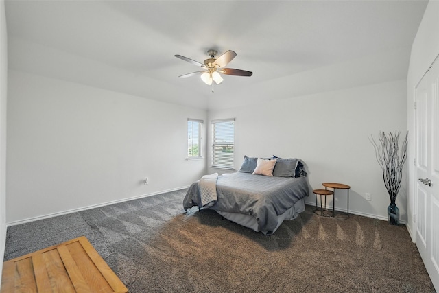 11512 Starlight Ranch Trl, Fort Worth, TX 76052 - bedroom with dark colored carpet, baseboards, and ceiling fan