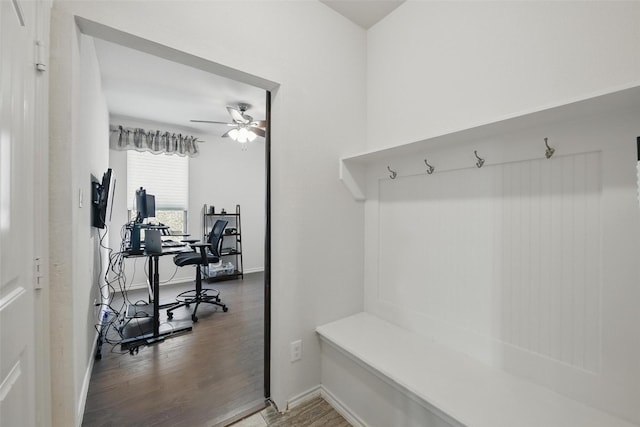 11512 Starlight Ranch Trl, Fort Worth, TX 76052 - mudroom with wood finished floors, ceiling fan, and baseboards